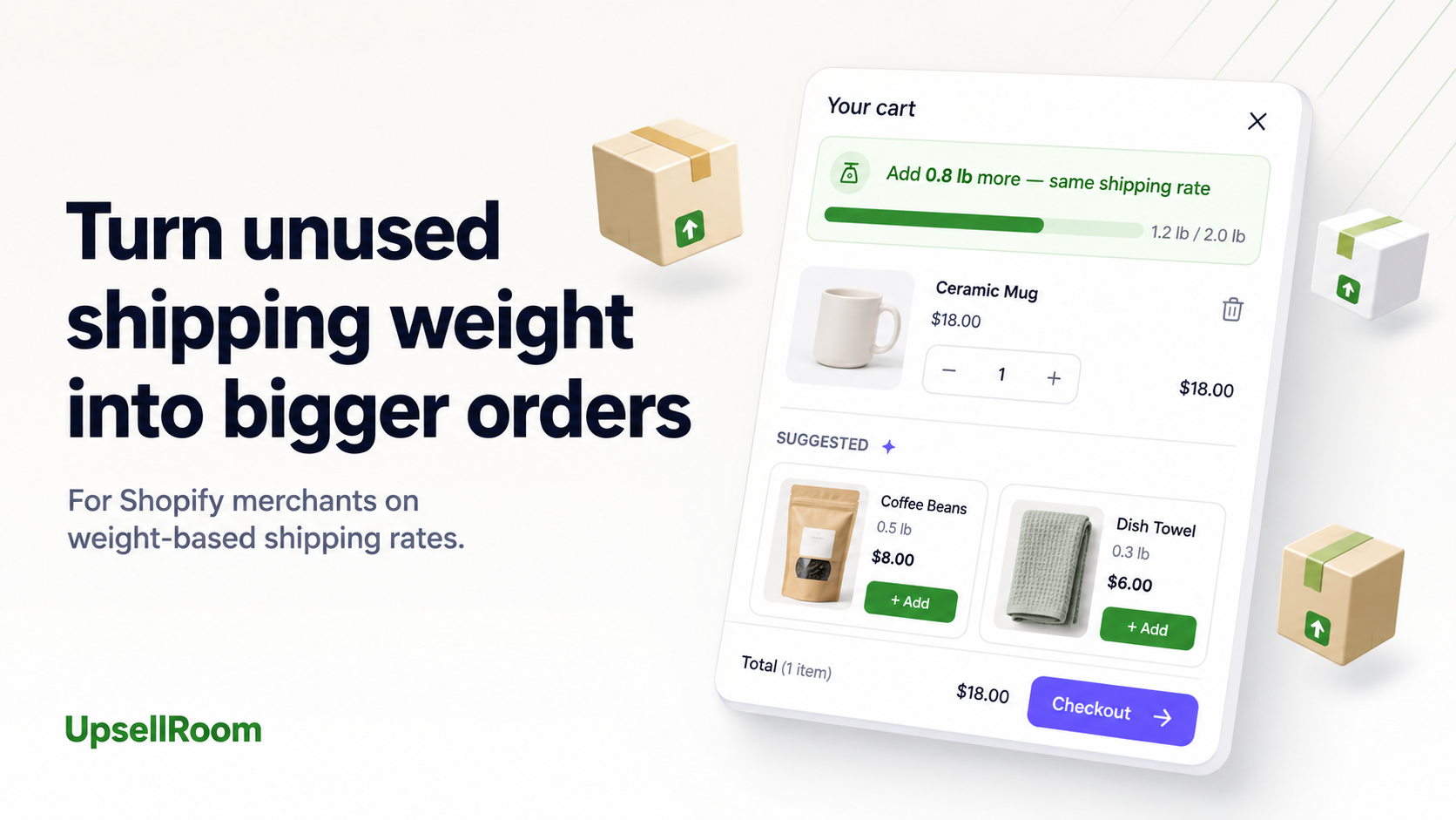 UpsellRoom cart drawer widget showing remaining shipping bracket capacity and a suggested product